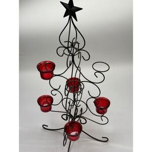 Pier Imports Black Metal Christmas Tree Votive Candle Holder Red Glass Cups Star